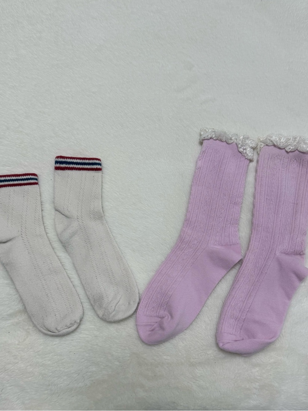 Pink Lace Trim Socks & White Stripe Socks - Two Pair Set Size OS GUC